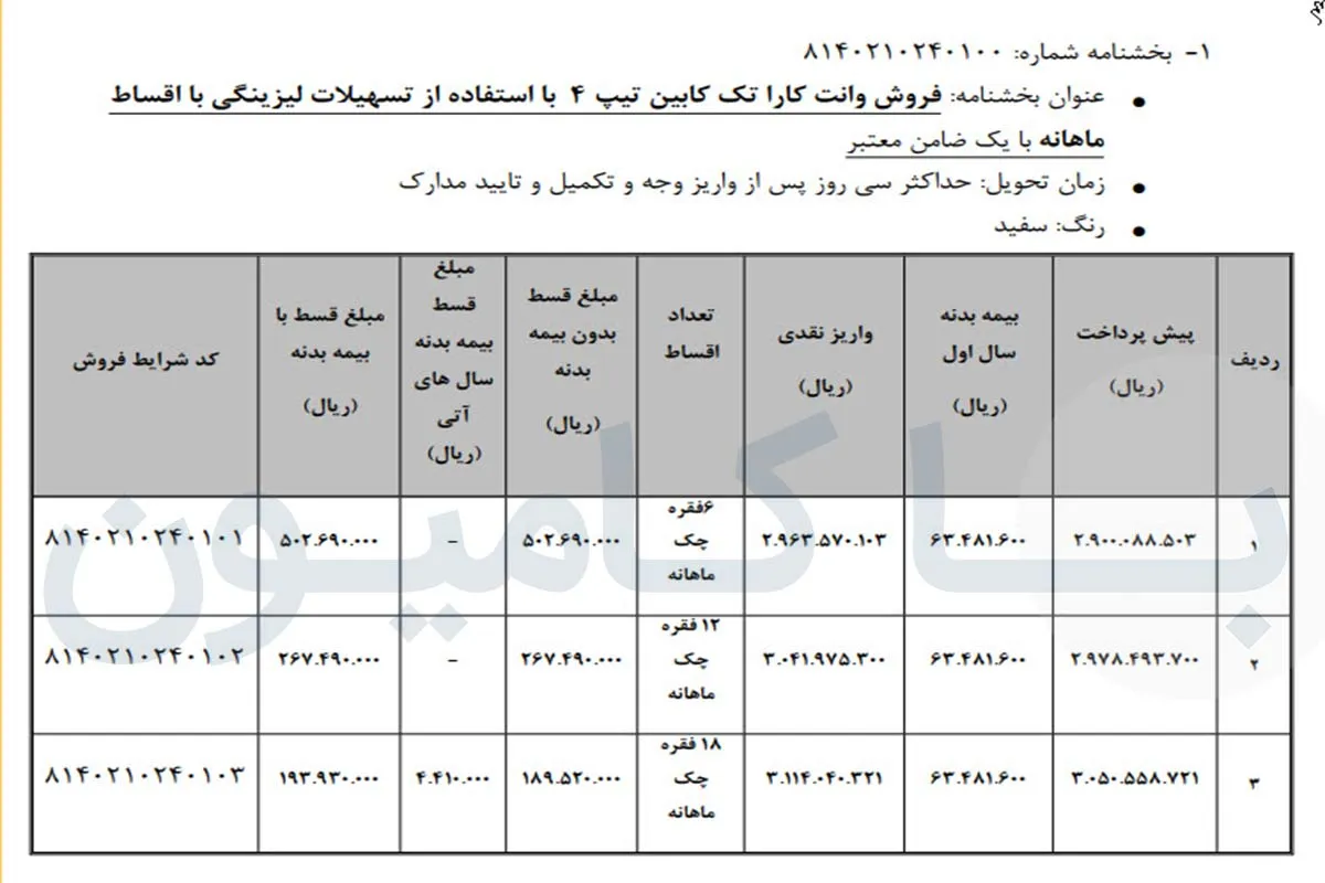 نحوه فروش وانت کارا بهمن دیزل به روش اقساطی