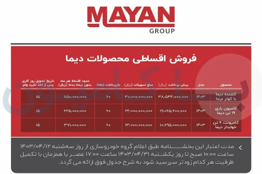 شرایط فروش اقساطی کامیون های دیما مایان دیزل + قیمت؛ تیرماه 1403