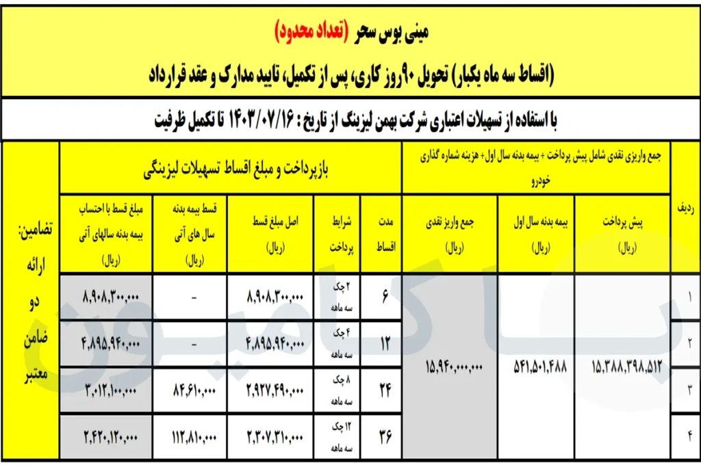 فروش اقساطی مینی بوس پگاسوس با اقساط ۶ تا ۳۶ ماهه|مهر 1403
