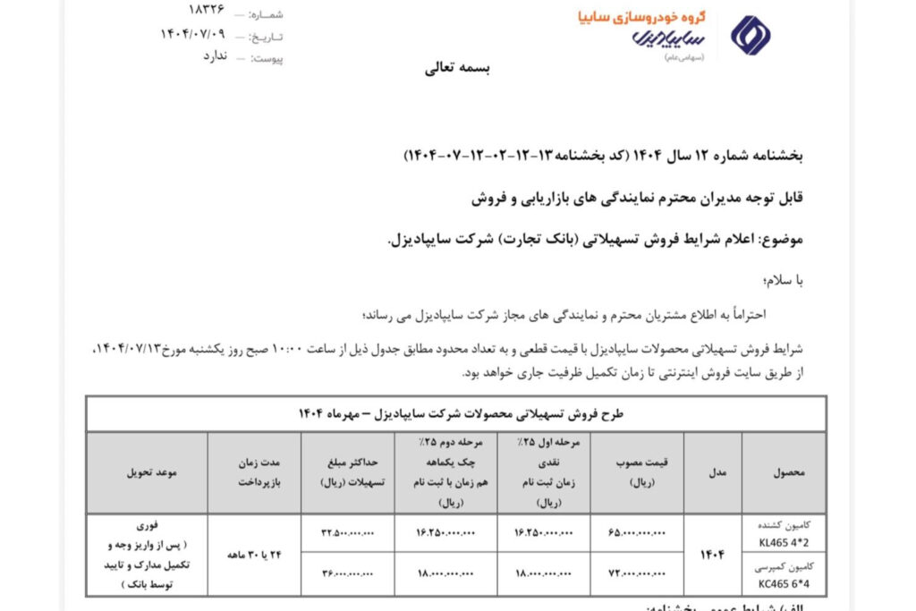 فروش اقساطی و تسهیلاتی محصولات سایپادیزل مهر 1404