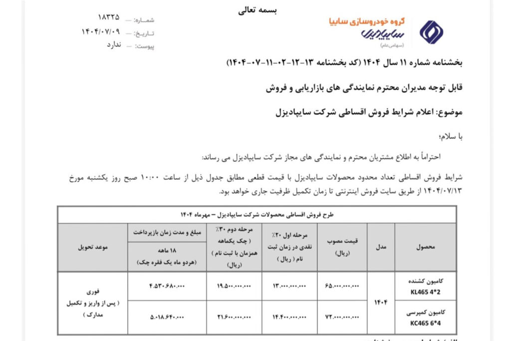 فروش اقساطی و تسهیلاتی محصولات سایپادیزل مهر 1404
