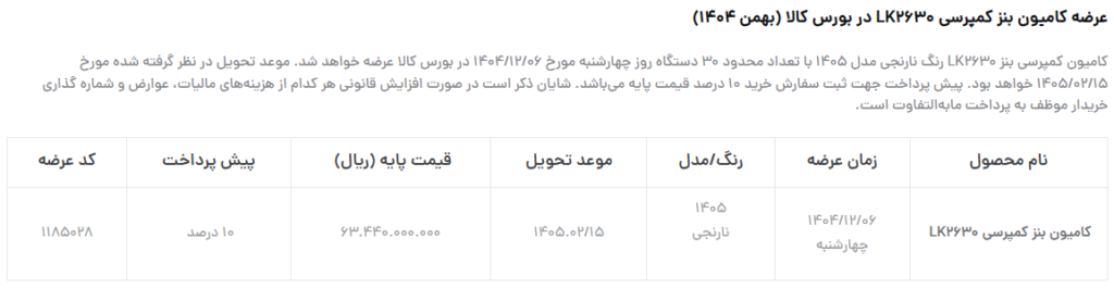 عرضه بنز کمپرسی LK2630 در بورس